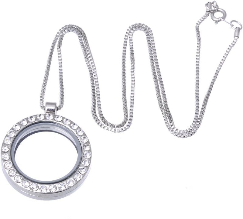 RUBYCA Living Memory Floating Charm Round Glass Locket Pendant Necklace 20 Inches 5pcs Silver Tone White Crystal - Image 1